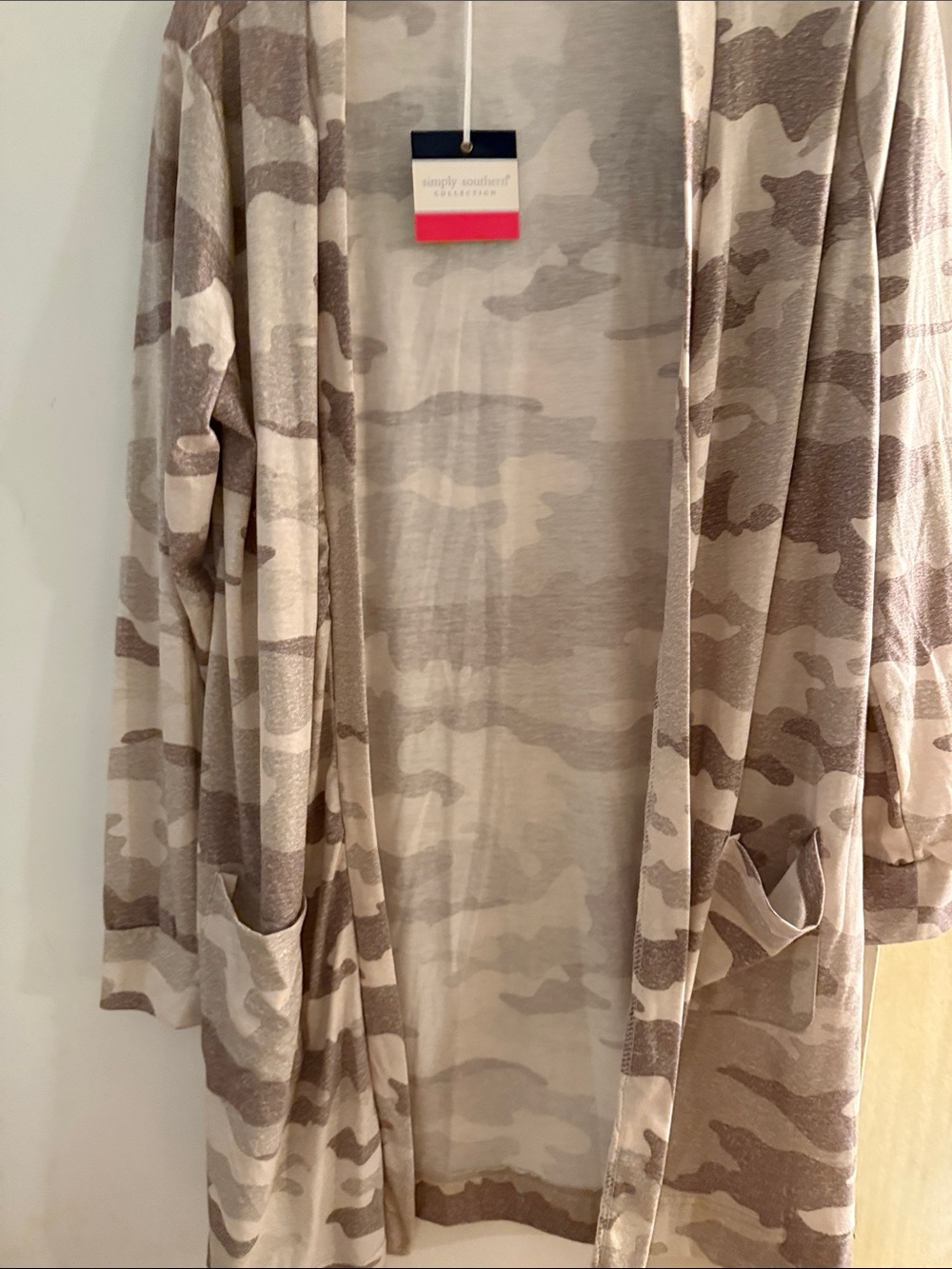 Simply Southern Taupe & Cream Camo Open-Front Cardigan large X-Large